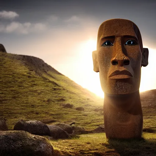 Image similar to worlds worst easter island statue with the face of the Rock, face of Dwayne Johnson, soft lighting, crepuscular rays, realistic octane render, 8k, ultra detailed, concept art