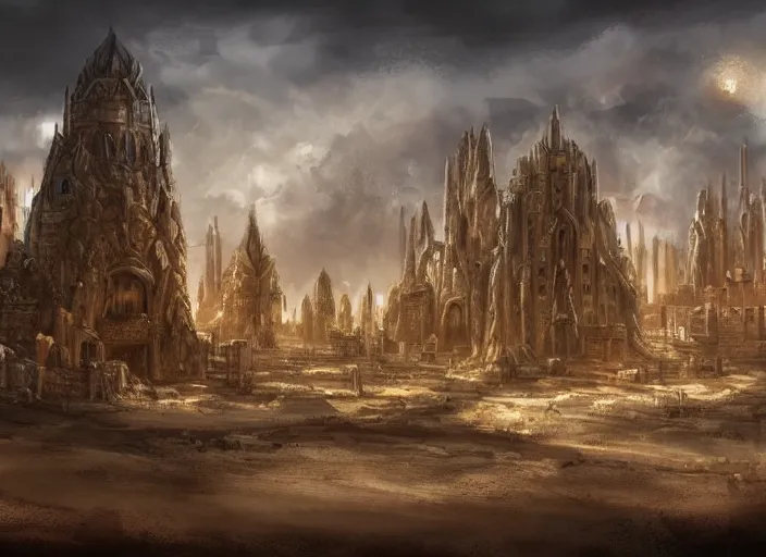 Image similar to architectural cover concept art of the lost sand city, ruins, golden towers, golden pillarsl. digital art, art station, realista,