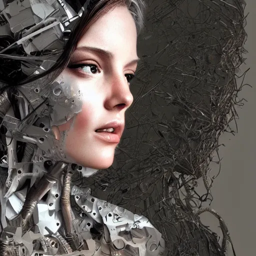 Image similar to Subsequent layers peeling back to reveal a woman's cybernetic skin, digital art extreme detail, octane render, 8k, by Dave McKean and artgerm and Ilya Repin