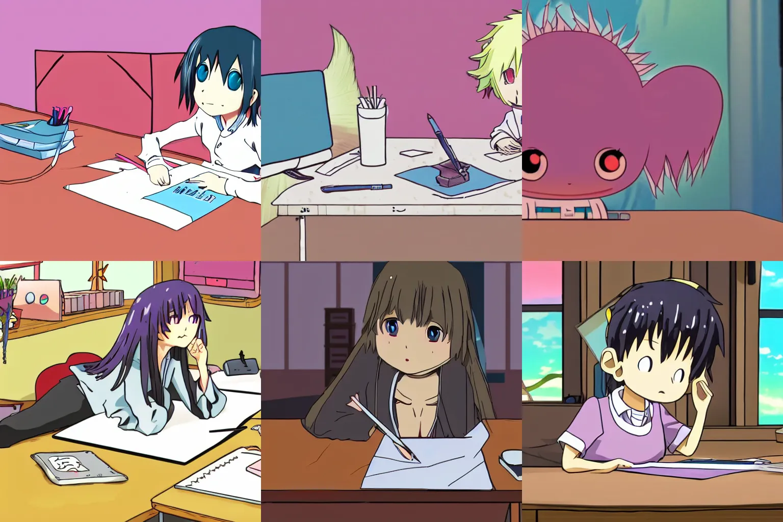 Prompt: an axlotl writing at their desk as an anime.