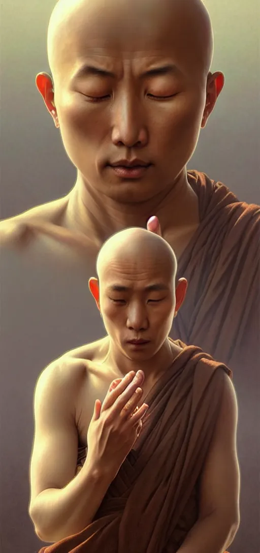 Image similar to ultra realistic illustration, a serene buddhist monk experiencing ego death, intricate, elegant, highly detailed, digital painting, artstation, concept art, smooth, sharp focus, illustration, art by artgerm and greg rutkowski and alphonse mucha, by rene magritte, surrealism!!!