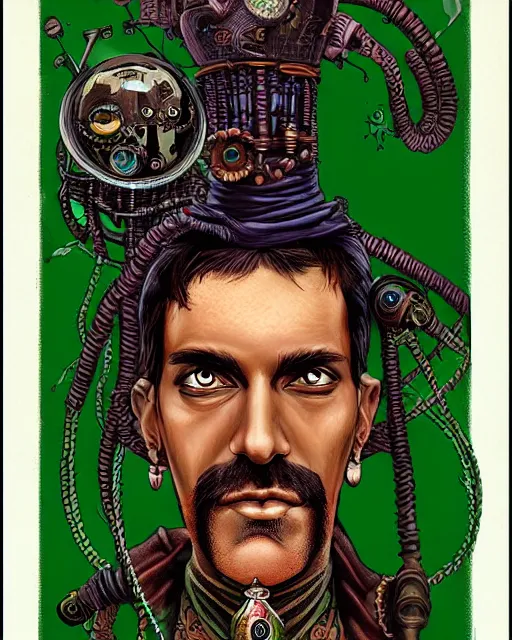 Image similar to a detailed portrait illustration of a steampunk wizard. stern indian male face, dark skin, piercing green eyes. art nouveau, pop art, comic book style. influenced by neil gaiman, h. p. lovecraft, dan mumford, android jones, vadim voitekhovitch, killian eng, ross tran.