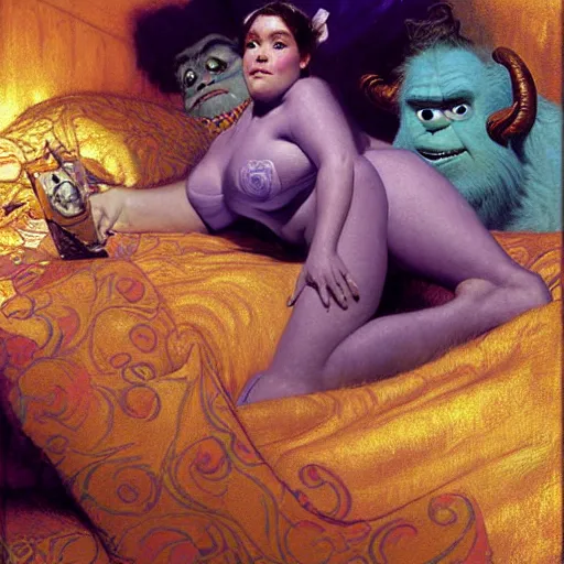 Prompt: portrait of sulley from monsters inc in bed. fantasy painting by gaston bussiere craig mullins jc leyendecker gustav klimt artgerm greg rutkowski john berkey, bergey, craig mullins, ruan jia, raymond swanland, tom lovell