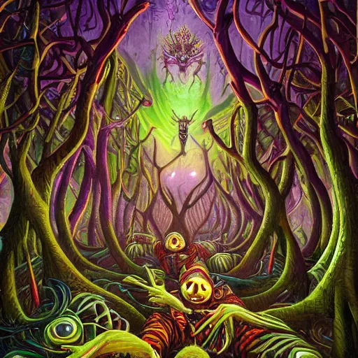 Image similar to dmt-machine-elves by artist-Nathan-Spoor, crawling across the circus floor, climbing up the winding trees