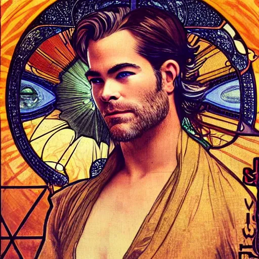 Image similar to chris pine portrait by louis - theophile hingre and alphonse mucha, realistic, sharp focus, zodiac signs, tarot cards, planets, ethereal, art nouveau, magic, moon, sun, crown, dreamy, royal, jewellery