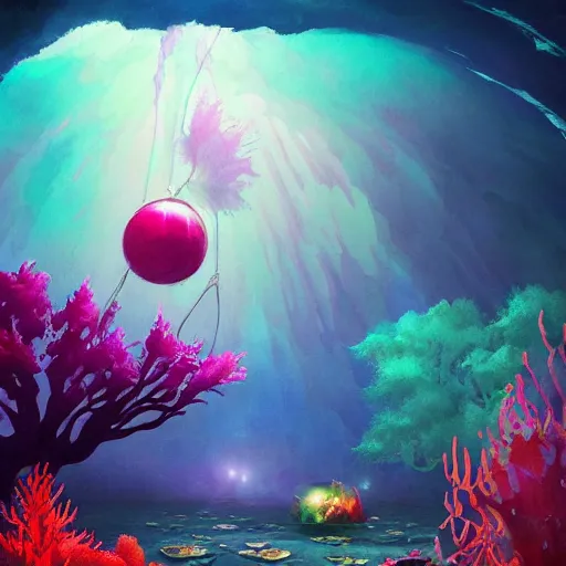 Prompt: a beautiful vivid colorful matte watercolor painting by Grzegorz greg rutkowski and and Anato Finnstark and Tyler Edlin, of an underwater discotheque with a disco ball and dancing mermaids and fish and a rainbow seaweed forest, trending on ArtStation hq