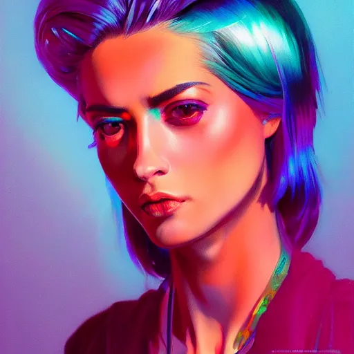 Prompt: hologram punk woman is interested, with cute - fine - face, pretty face, oil slick hair, realistic shaded perfect face, extremely fine details, by realistic shaded lighting, dynamic background, poster by ilya kuvshinov katsuhiro otomo, magali villeneuve, artgerm, jeremy lipkin and michael garmash and rob rey, and silvain sarrailh
