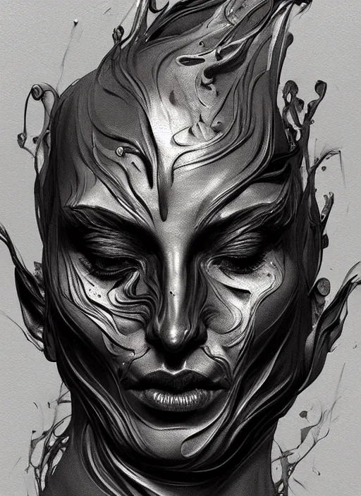 Image similar to charcoal painting of a sculpture with melting face, distorted, abstract, creepy, intricate, elegant, highly detailed, ray tracing, digital painting, artstation, concept art, art by artgerm and greg rutkowski and alphonse mucha, 8 k