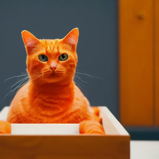 Image similar to an orange cat staring in a table drawer ~ on fire ~ fire ~ high - resolution photo ~