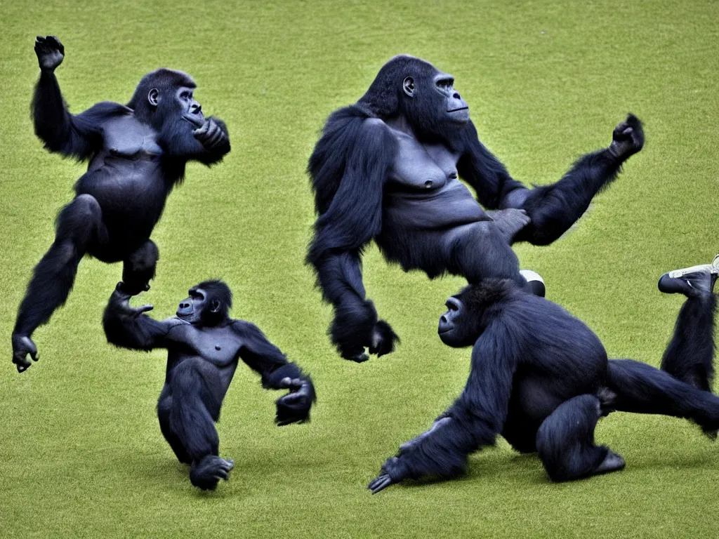 Image similar to a gorilla jumping to head the ball on a corner kick, vivid