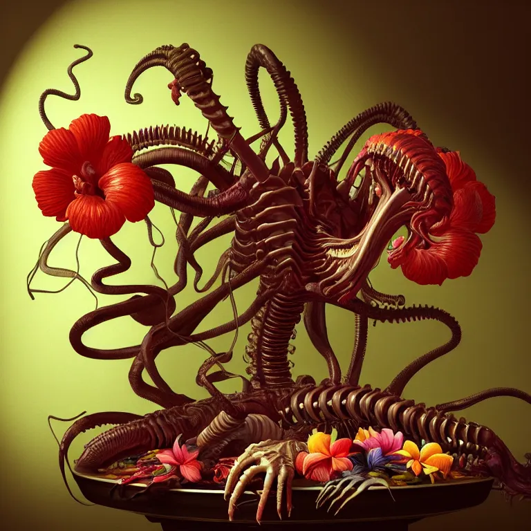Prompt: still life of alien xenomorph, beautiful tropical flowers, human spine, colorful mold, baroque painting, beautiful detailed intricate insanely detailed octane render, 8K artistic photography, photorealistic, chiaroscuro, Raphael, Caravaggio