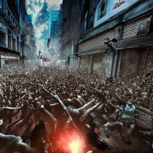 Image similar to moshpit in the city streets, realistic, huge moshpit, realism, hdd, hdr, rtx on, dynamic lighting, chaos in the moshpit,