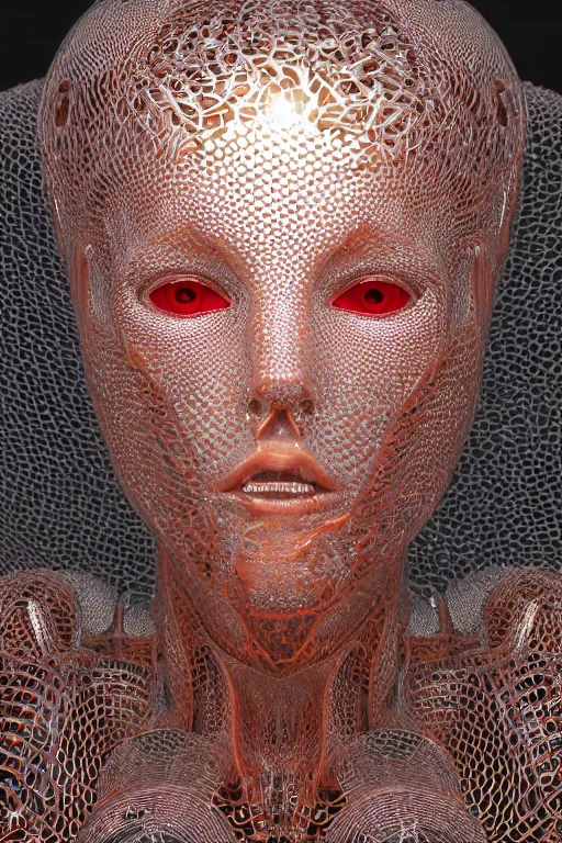 Image similar to a melancholic realistic 8k Sculpture of a complex robotic human face, liquid simulation, bright psychedelic color, dramatic lighting, silver gold red details, hexagonal mesh wire, filigree intricate details, cinematic, fleshy musculature, white blossoms, elegant, octane render, art nouveau, 8k post-processing, intricate art by Raymond Swanland
