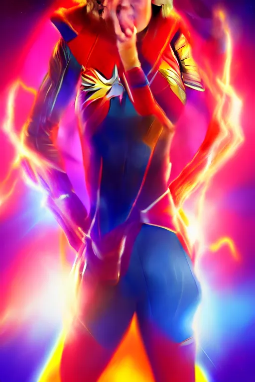 Image similar to Brie Larson as Captain Marvel high quality digital painting in the style of Lisa Frank