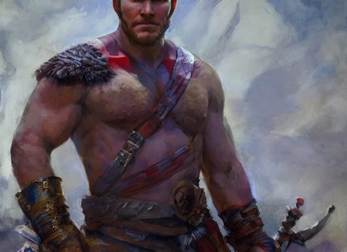 Prompt: a highly detailed beautiful portrait of chris pratt as kratos, by gregory manchess, james gurney, james jean