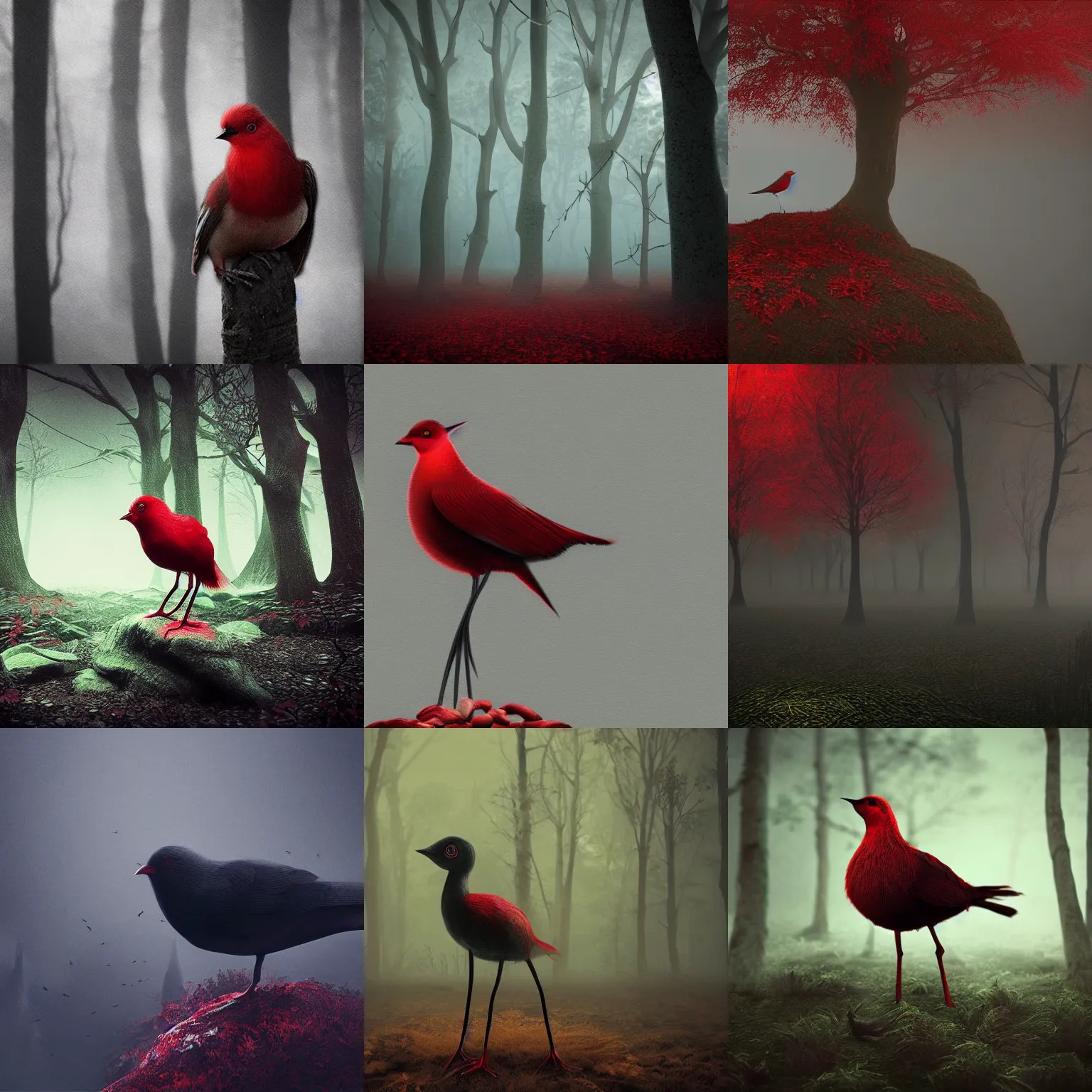 Prompt: red omsk bird with black head in dark mushroom forest eerie foggy art octane render