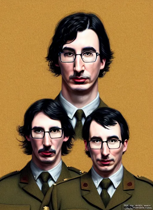 Image similar to a portrait of john oliver and adam driver posing together, stoic, military uniform, fantasy, intricate, elegant, beautiful, highly detailed, centered, digital painting, artstation, concept art, smooth, sharp focus, art style by klimt and nixeu and ian sprigger and wlop and krenz cushart