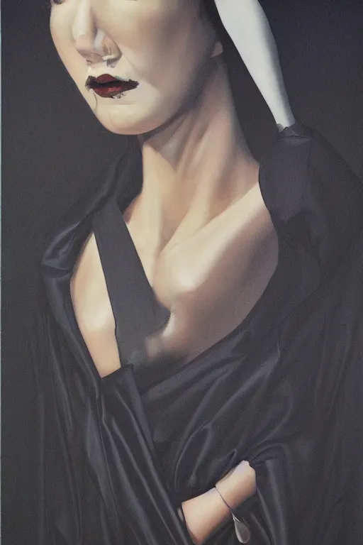 Prompt: hyperrealism oil painting, complete darkness background, close - up face portrait, view from up, nun fashion model, looking down, in style of classicism mixed with 8 0 s sci - fi japanese books art