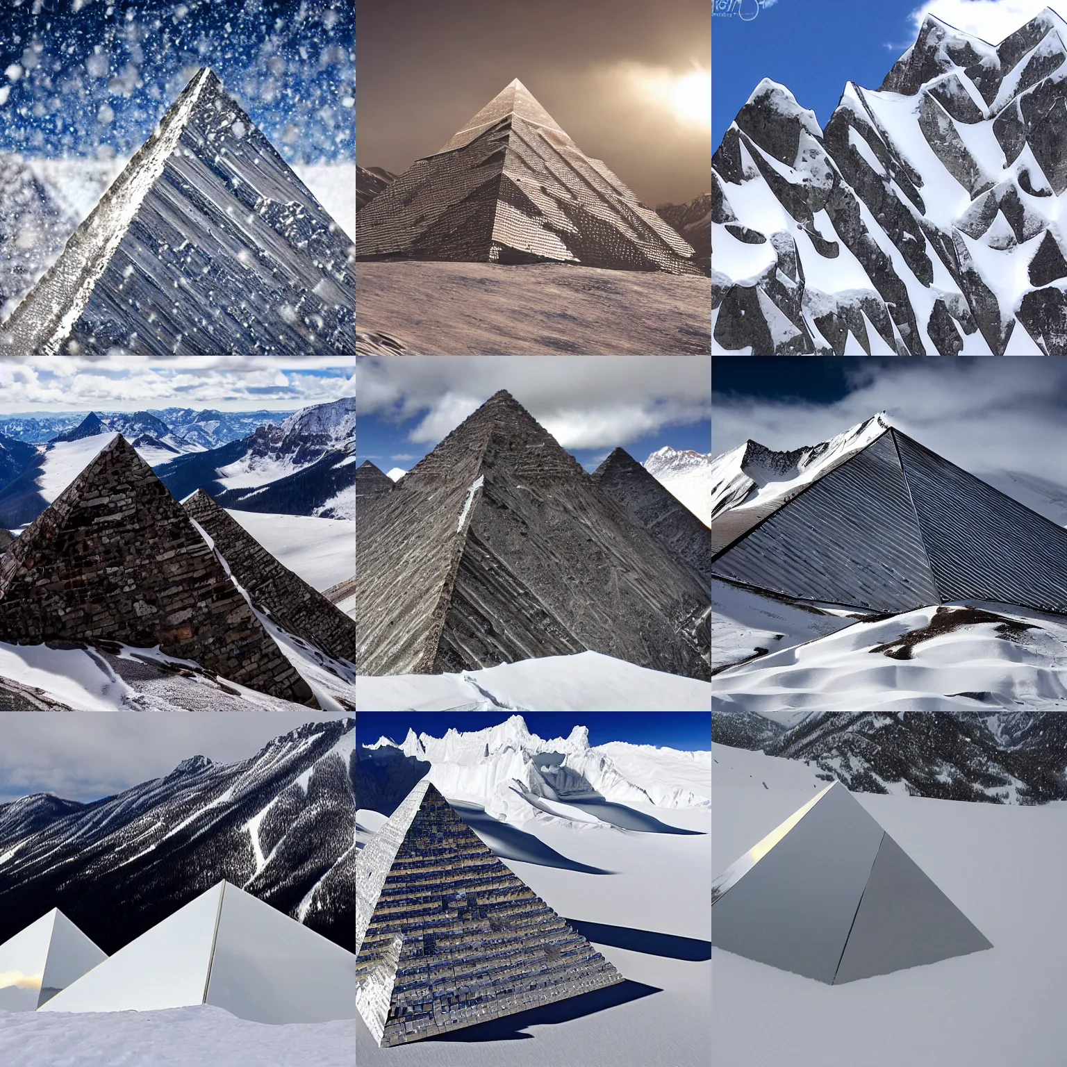 Prompt: chrome pyramids high up in the snowy mountains