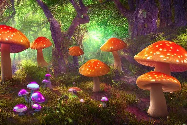 Image similar to An enchanted fantasy forest. Glowing mushrooms. Critters all around. Colorful. Cinematic lighting. Photorealism.