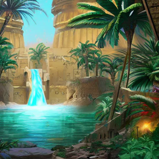 Prompt: a ancient egyptian city with plants and waterfalls, digital art retrowave art,trending on art station