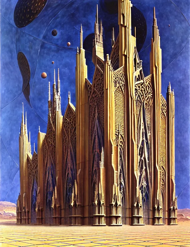 Image similar to close shot of a giant immense squared crematorium gothic architecture advanced technology scifi architectural structure desert planet, fantasy, d & d, intricate, painting by lucian freud and mark brooks, bruce pennington,