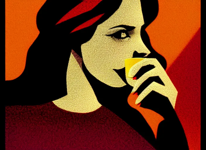Prompt: portrait of a heroine drinking coffee, colorful,vivid, Mads Berg, Karolis Strautniekas,small finely stippled light, cinematic lighting,fine texutre, editorial illustration, detailed, moody, dynamic composition,perspective