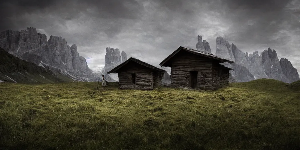 Image similar to old farmers hut overgrown by roots ,roots and hay coat, dolomites in background, dark, eerie, despair, portrait photography, artstation, digital art, concept art, artstation, highly detailed, sharp focus, by caravaggio