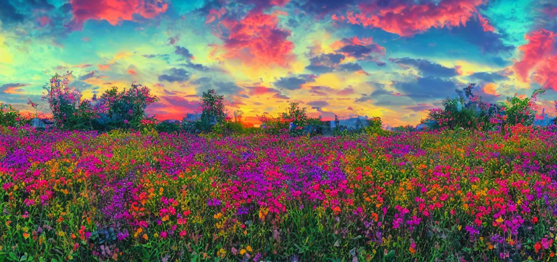 Image similar to an impossible field of beautiful neon colored flowers with a beautiful sunset, vaporwave