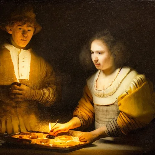 Prompt: one young man and one young woman baking waffles in romantic light painted by Rembrandt