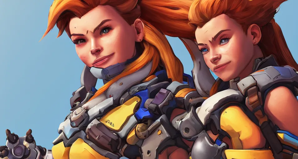 Image similar to overwatch, brigitte, horizon zero dawn, aloy, digital art