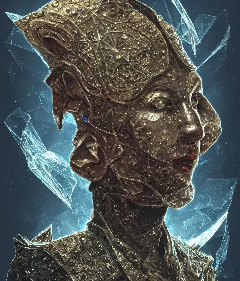 Image similar to front!!! shot of a court jester!!! character, mesmerizing fractal hypercubes, platinum cracked, dark holography!!!, future, metallic galactic, crystalline edges, polygonal, elegant, highly detailed, centered, (((artstation, concept art, jagged, sharp focus, artgerm, Tomasz Alen Kopera, Peter Mohrbacher, donato giancola, Joseph Christian Leyendecker, WLOP, Boris Vallejo))), ((raytracing)), mugshot!!!!!, ugly!!!!!!, octane render, nvidia raytracing demo, octane render, nvidia raytracing demo, octane render, nvidia raytracing demo, 8K, cinematic, masterpiece, fine portrait