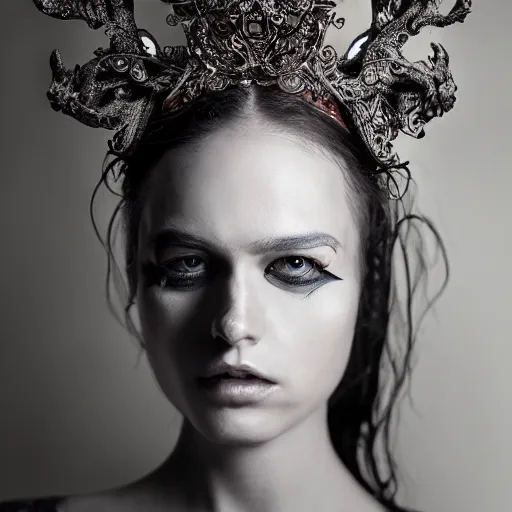 Image similar to a portrait of female model by stefan geselle and nekro borja, photorealistic, intricate details, hyper realistic, dark fantasy, ornate headpiece, dark beauty, photorealistic, canon r 3, photography, wide shot, photography, dark beauty, symmetrical features, unreal engine