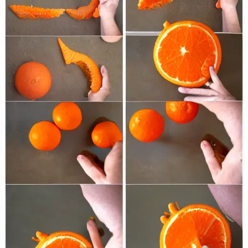 Image similar to making of an edible giraffe from an orange in 4 steps, each step is a progression from the last, starting from a whole orange, the beautiful'how to make food art step by step collection ', dslr