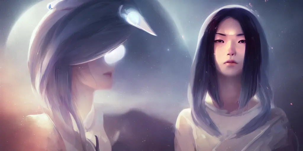 Prompt: Young Tibetan woman, somber white eyes, long, gentle lighting, lonely spaceship, futuristic, dim lighting, digital art by Makoto Shinkai ilya kuvshinov and Wojtek Fus, digital art, concept art,