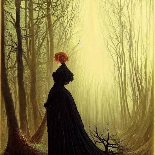 Image similar to A beautiful victorian woman, night, gothic dress, flowing hair, oil painting, portrait, magical forest, spirally trees, glow, dramatic lighting, dramatic light, masterpiece, high detail, long shadow, amazing composition, detailed, painted by Caspar David Friedrich