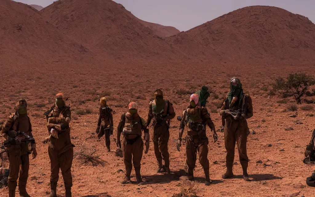 Prompt: in a hot red desert with a distant oasis a group of five people in dark green tactical gear like death stranding and masks, red mesas behind them. They look afraid. dusty, red, mid day, heat shimmering.