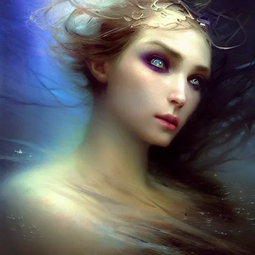 Image similar to dreams of the fae, papery flaking skin, with different colored eyes and flowing hair underwater, three-quarters portrait, intricate, elegant, sharp focus, illustration, highly detailed, digital painting, concept art, matte, by Aleksi Briclot and by Ivan Aivazovsky and by Greg Rutkowski, artgerm, wlop, masterpiece