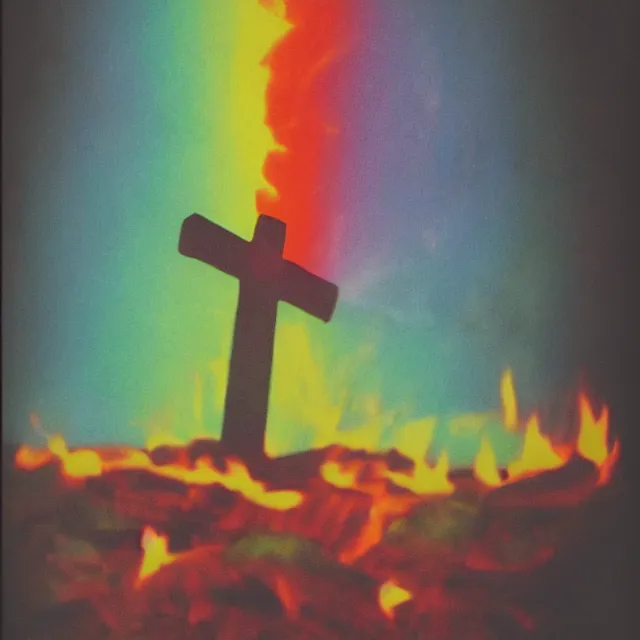 Prompt: burning cross, fire in rainbow colors, polaroid