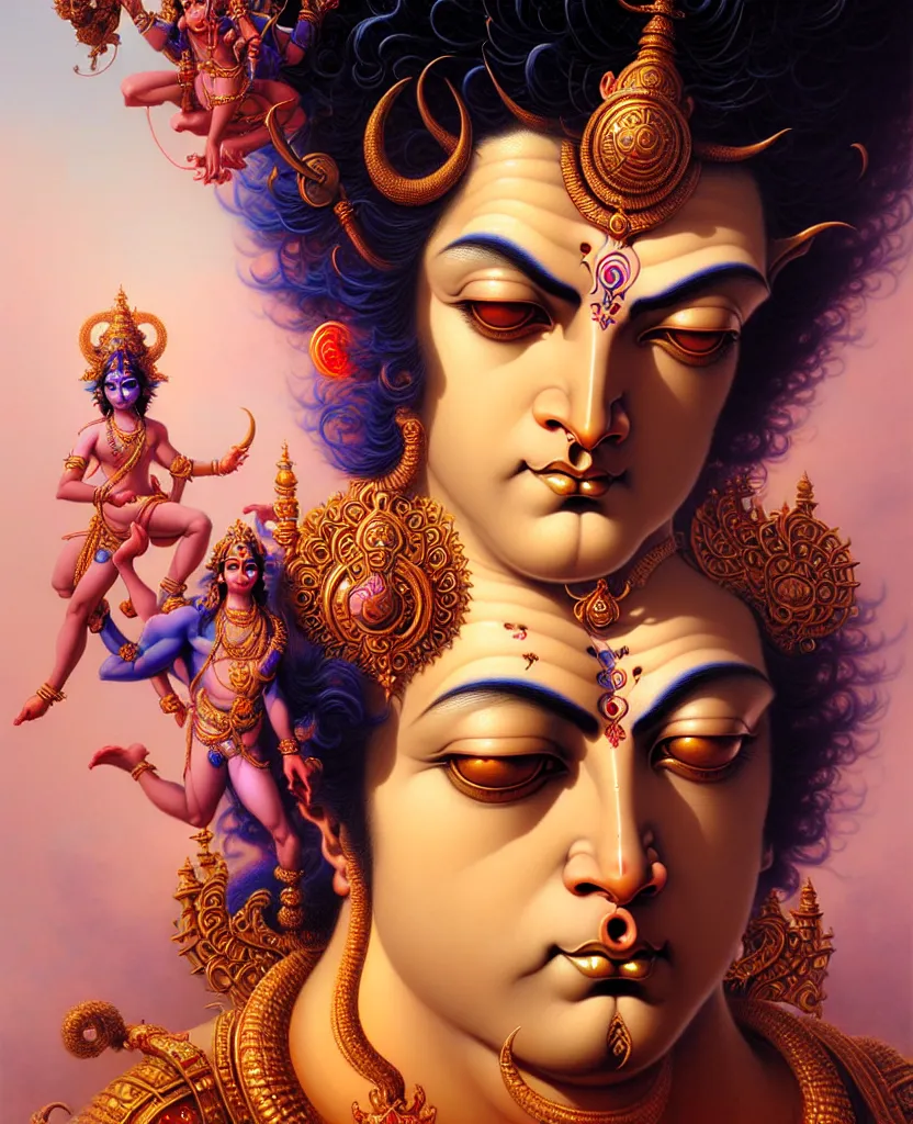 Image similar to beautiful hindu god romantic krishna fantasy character portrait, close - up, headshot, ultra realistic, intricate details, highly detailed by peter mohrbacher, hajime sorayama, wayne barlowe, boris vallejo, aaron horkey, gaston bussiere, craig mullins