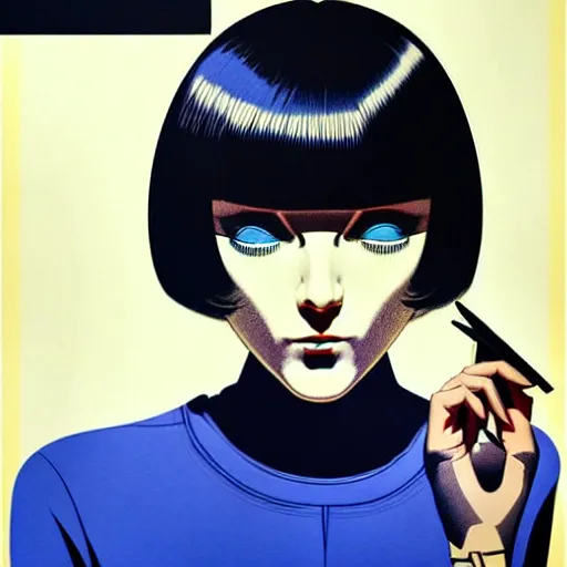 Image similar to woman with dark bobcut haircut with friendly blue eyes and slim features looking happy, underground box office hit, satire, seventies italian horror movie poster, giallo, intricate, ultra detailed 8 k, best, cool, extremely beautiful and aesthetic shape of face and neck, art by hiroaki samura and ilya kuvshinov and rossdraws and andy warhol, inverted