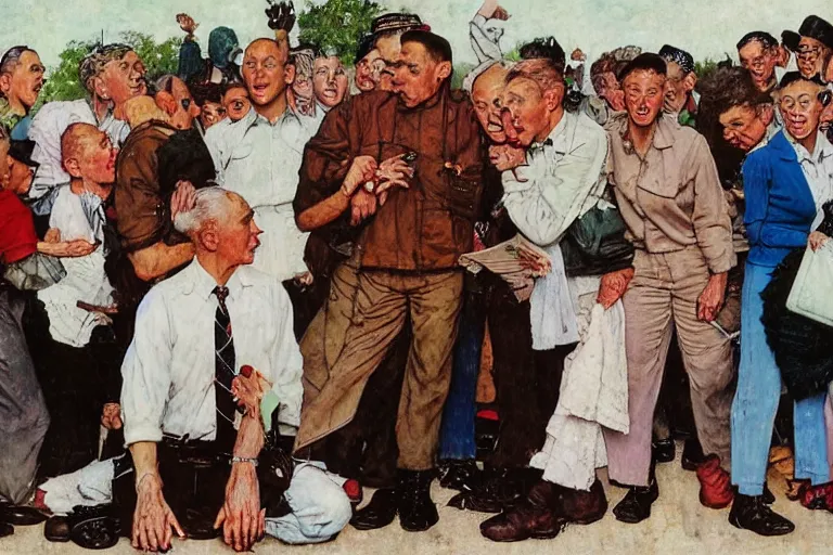 Image similar to a norman rockwell painting of a group of pro - lesbian lgbt activists making a stand in front of a russian super - max prison