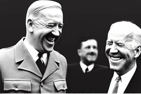 Image similar to “ very very intricate photorealistic photo of hitler and joe biden laughing together, detailed natural lighting, award - winning crisp details ”