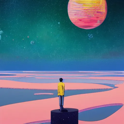 Image similar to a man walking on water under the stars by takashi murakami, beeple and james jean, aya takano color style, 4 k, super detailed