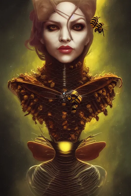 Image similar to portrait of an elegant alien bee woman queen, straight on portrait, full body character concept art, honeycomb, by artgerm, tom bagshaw, gerald brom, vaporwave colors, lo - fi colors, vaporwave, lo - fi, moody vibe, goth vibe, 4 k, hd,