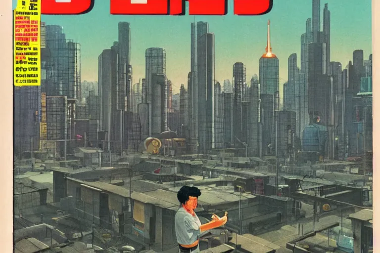 Prompt: 1979 OMNI Magazine Cover of a dumb ogre working at a fish market warehouse. In the background are street level views of neo-Tokyo in cyberpunk style by Vincent Di Fate