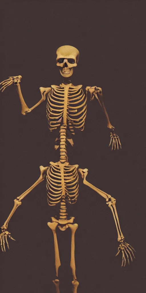 Prompt: a film still of a skeleton wearing golden jewelry on its skull and around its arms. it has a dark cloak made of linen and burlap. low key, light from above. nighttime. wide shot.