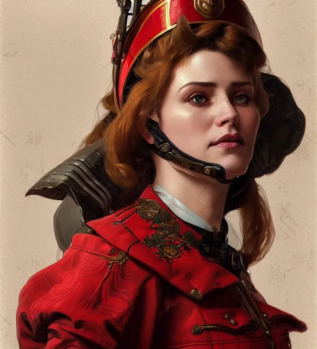 Prompt: portrait of a russian woman wearing a red traditional nineteenth century military jacket, metal shoulder pauldrons, intricate, highly detailed, digital painting, artstation, concept art, sharp focus, cinematic lighting, illustration, art by artgerm and greg rutkowski, alphonse mucha, cgsociety