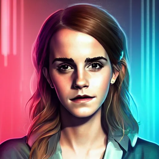 Image similar to Portrait of Emma Watson, the background is a huge futuristic city, cyberpunk style futuristic neon lights, artstation cgsociety masterpiece highly-detailed