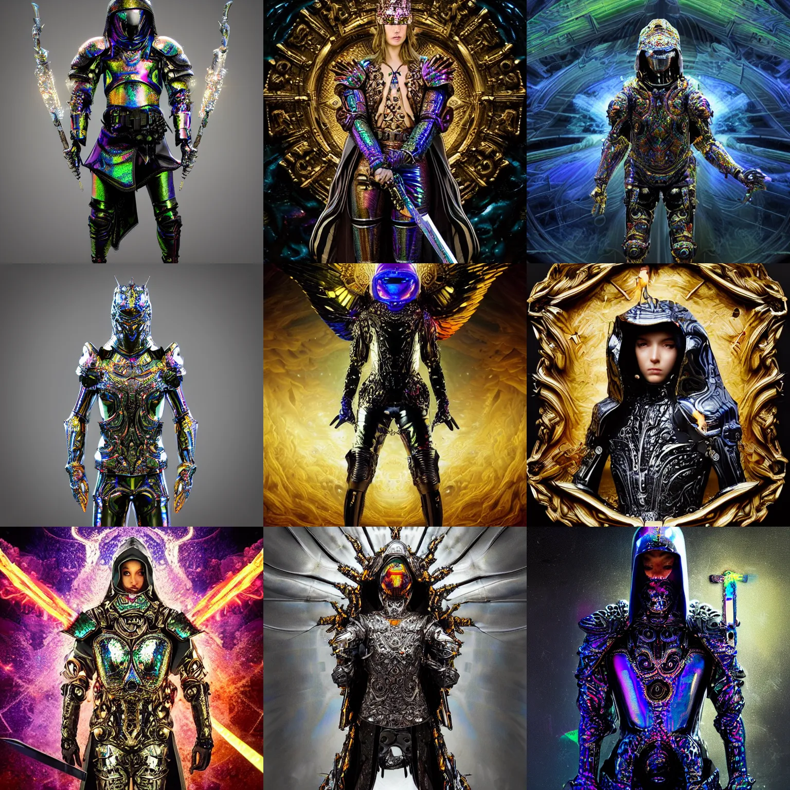 Prompt: Realist highly intricate dark iridescent detailed subtle epic baroque painting of a powerful hooded badass divine royal omnipotent being wearing body armor and brandishing a precious futuristic cosmic sword of vivid iridescent flame, realistic human face, realistic biomechanical complex torso encrusted in iridescent gleaming 3D render processor microchips, high quality, symmetry, rich style, iridescent smoke behind, crystallic megastructure background, galaxies, universe, artstation, iridescent, badass, galactic deity, dark ominous stealth, surrounded by rainbow dust specks, depth of field, award winning on artstation, artgerm